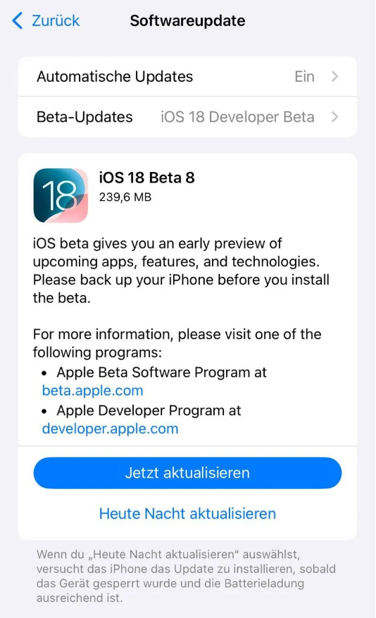 乌当苹果手机维修分享苹果 iOS / iPadOS 18 开发者预览版 Beta 8 发布 